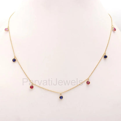 AA Ruby With Sapphire Necklace, Multi Gemstone, 18k Solid Gold Necklace, Sapphire Necklace, Handmade Necklace, Ruby Birthstone Necklace, Gold Chain Necklace