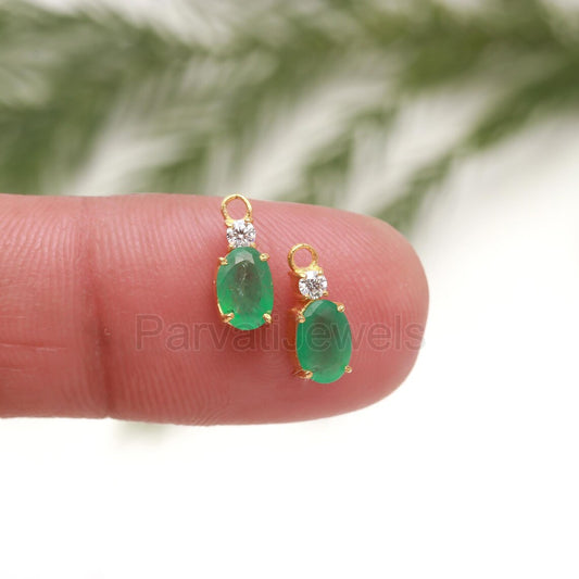 AA Natural Emerald With Moissanite Hoop Earring, Solid 18k Gold Earrings, Emerald Hoop Earring, Birthstone Earring, Partywear Hoop Earring,