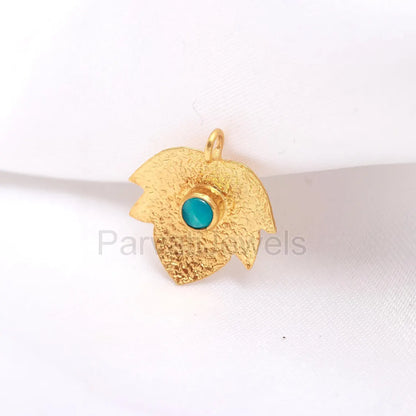 Natural Sleeping Turquoise Charm, 18k Solid Gold Charm, Leaf Gold Charm, Turquoise Gold Pendant, Gold Charm Pendant, Handmade Gold Charm