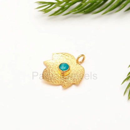 Natural Sleeping Turquoise Charm, 18k Solid Gold Charm, Leaf Gold Charm, Turquoise Gold Pendant, Gold Charm Pendant, Handmade Gold Charm