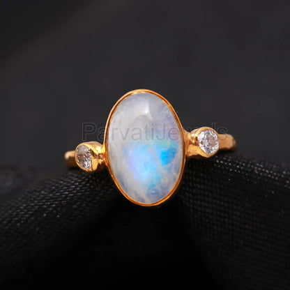 Natural Rainbow Moonstone With Moissanite Ring, Solid 18k Gold Ring, Moonstone Ring, Solid Gold Ring, Handmade Gold Ring, Christmas Ring