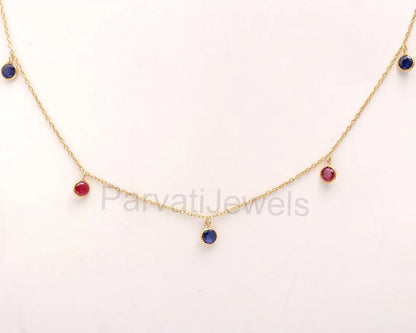 AA Ruby With Sapphire Necklace, Multi Gemstone, 18k Solid Gold Necklace, Sapphire Necklace, Handmade Necklace, Ruby Birthstone Necklace, Gold Chain Necklace