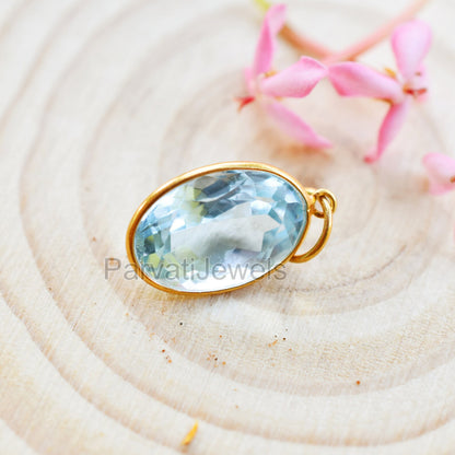 Swiss Blue Topaz 18k Solid Gold Charm Pendant, 18K Solid Gold Oval Shape Topaz Handmade Charm, November Birthstone Charm Gift For Her