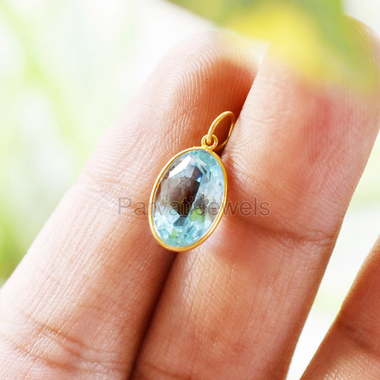 Swiss Blue Topaz 18k Solid Gold Charm Pendant, 18K Solid Gold Oval Shape Topaz Handmade Charm, November Birthstone Charm Gift For Her
