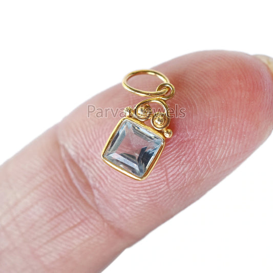 Solid Gold Blue Topaz Square Shape Charm Pendant, 18K Solid Gold Blue Topaz Charm, Minimalist Charm Pendant, Gold Charm, Gift Jewelry