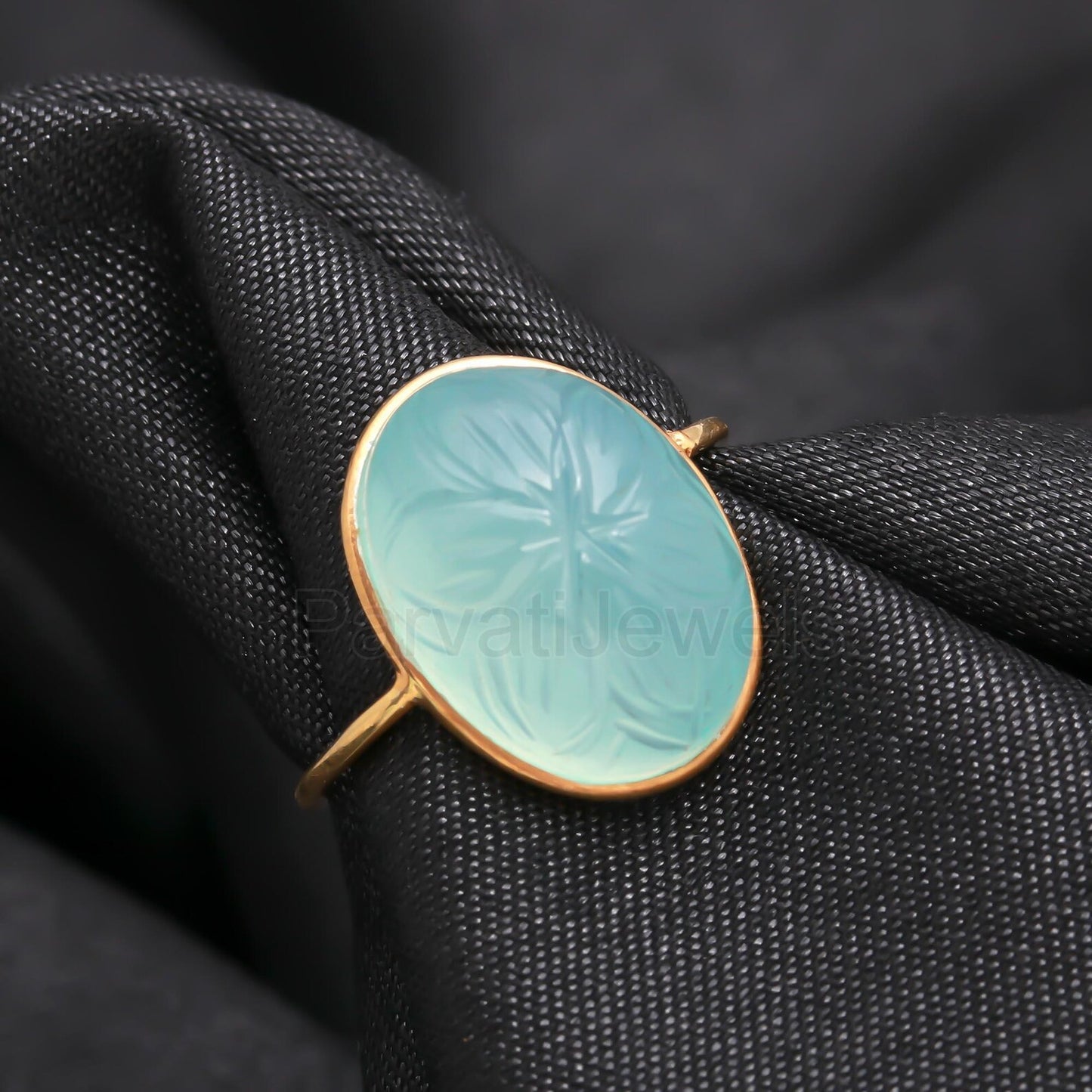 Natural Blue Chalcedony Carving Ring, Solid 18k Gold Ring, Aqua Chalcedony Carving Ring, Solid Gold Ring, Handmade Gold Ring, Christmas Ring