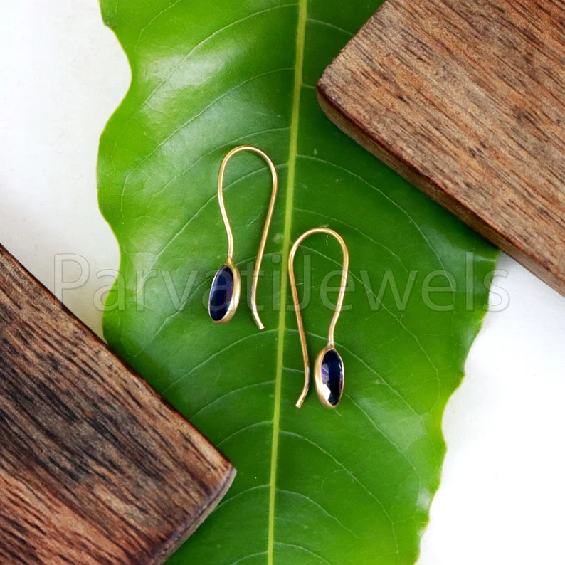 Natural Sapphire Earring, Sapphire Dangle Earring, Solid 14K gold earring, 18K Gold Earring, Handmade Gold Earring,Minimalist Dangle Earring