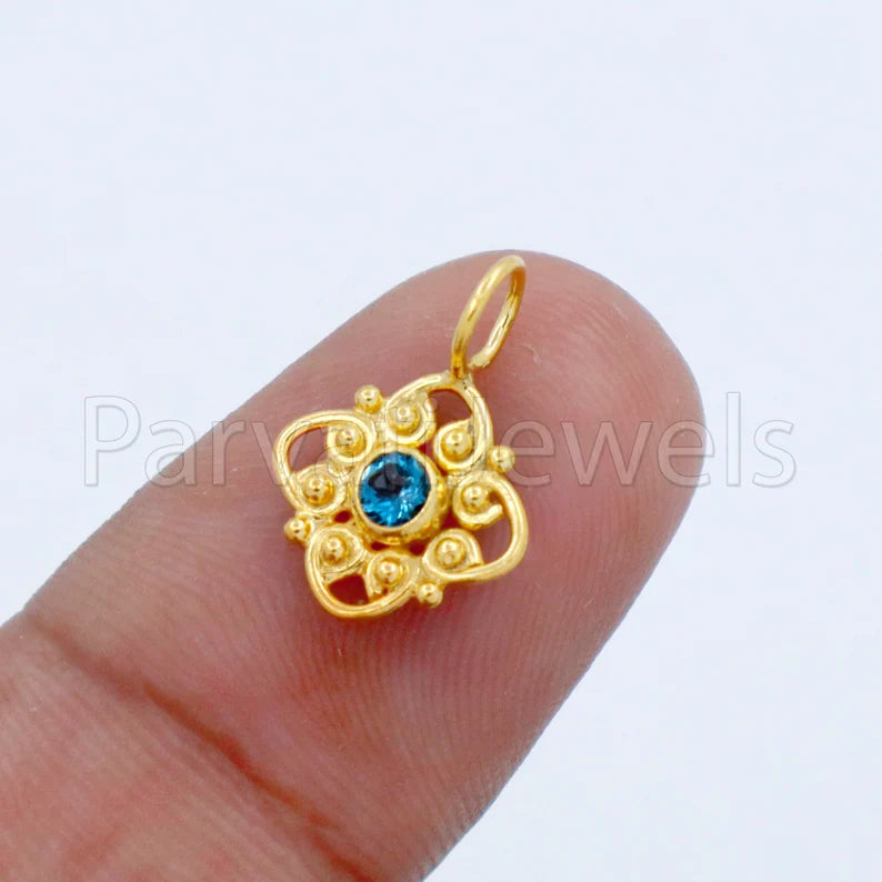 Natural London Blue Topaz Charm, 18k Solid Gold Charm, Handmade Gold Charm, Designer Charm Pendant, Charms Necklace, London Blue Topaz Charm