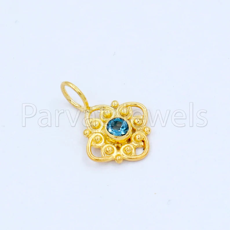 Natural London Blue Topaz Charm, 18k Solid Gold Charm, Handmade Gold Charm, Designer Charm Pendant, Charms Necklace, London Blue Topaz Charm