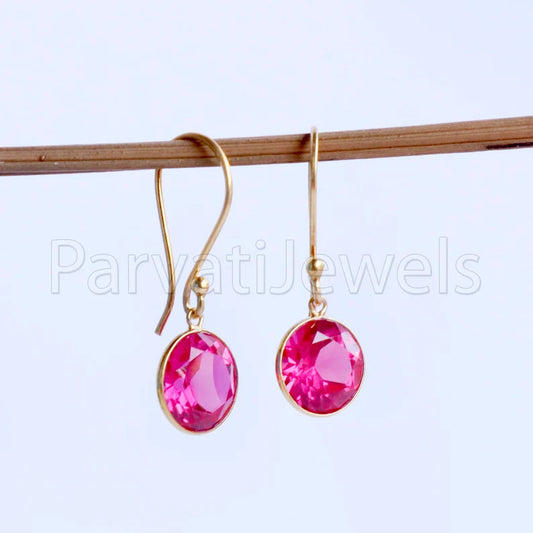 Lab Created Ruby Earring, Ruby Dangle Gold Earring, Solid 18k Gold Earring, Handmade Gold Earring, Minimalist Dangle Earring, Gift for Her