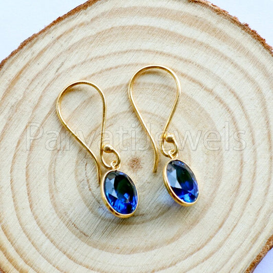 Blue Sapphire dangle Earring, Dangle Earring, Blue Sapphire Earring, Minimalist Dangle Earring, Solid 18K Gold Earring, Gift for her