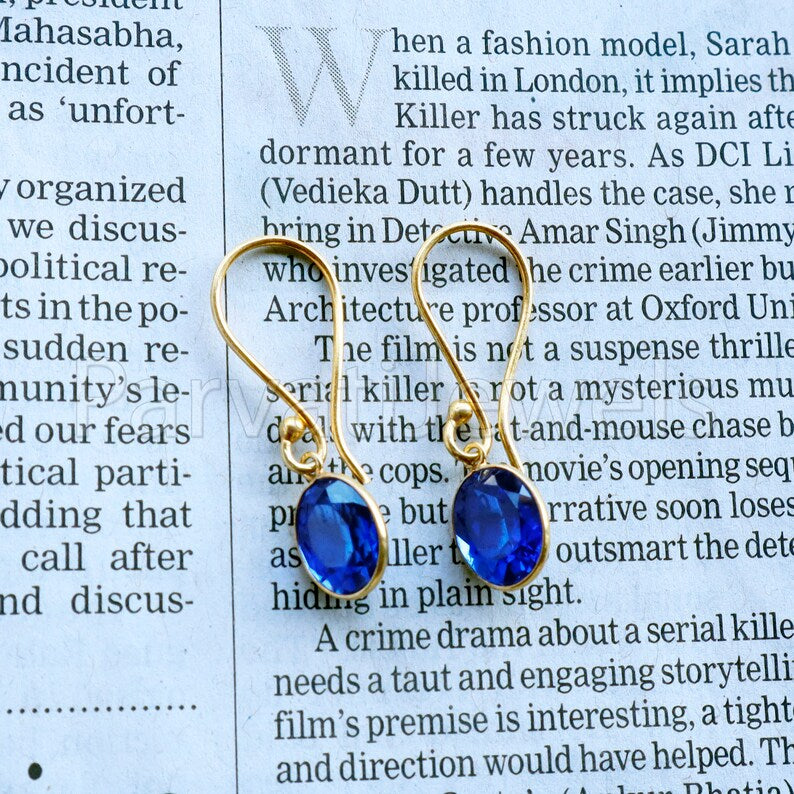 Blue Sapphire dangle Earring, Dangle Earring, Blue Sapphire Earring, Minimalist Dangle Earring, Solid 18K Gold Earring, Gift for her