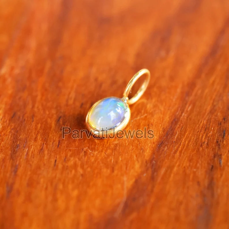 18k Solid Gold Charm, Natural Ethiopian Opal Charm, Oval Shape Opal Gemstone Gold Charm, Minimal light Weight Charm, October birthstone Charm, Gift For Her Charm