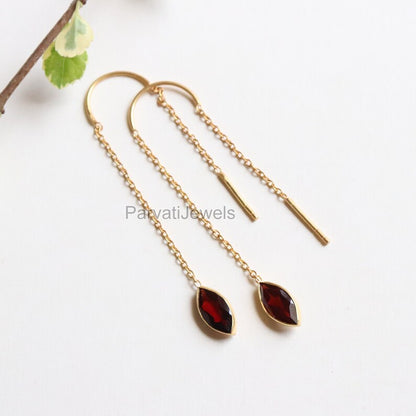 Natural Garnet Solid 18k Gold Earring, Handmade Gold Earring, Minimalist Hanging Earring, Thread Earring, Gift for Her, January Birthstone