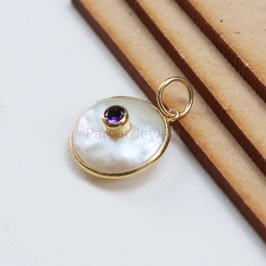 Natural Amethyst & Disc Pearl Charm, 18k Solid Gold Charm, Natural Pearl Gold Charm, Pearl Charm Necklace, February Birthstone, SOLID 18K