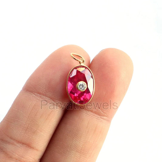 Stylish Lab-Created Ruby and Moissanite Charm, 18k Solid Gold Charm, Multistone Charm, Gold Charm, Charm, Handmade Gold Charm, Gift for Her