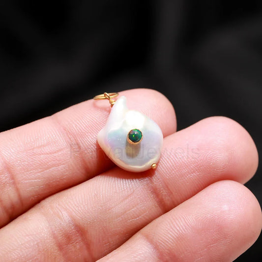 Natural Ethiopian Opal Pave Baroque Pearl Charm, 18k Solid Gold Charm, Natural Pearl Gold Charm, Pearl Charm Necklace, Pearl Charm Pendant