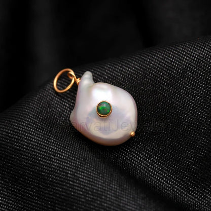 Natural Ethiopian Opal Pave Baroque Pearl Charm, 18k Solid Gold Charm, Natural Pearl Gold Charm, Pearl Charm Necklace, Pearl Charm Pendant