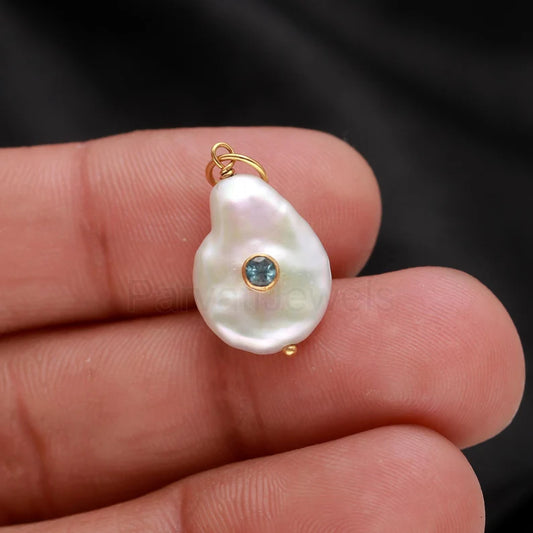 Natural Blue Topaz Pave Baroque Pearl Charm, 18k Solid Gold Charm, Natural Pearl Topaz Gold Charm, Pearl Charm Necklace, Topaz Charm Pendant