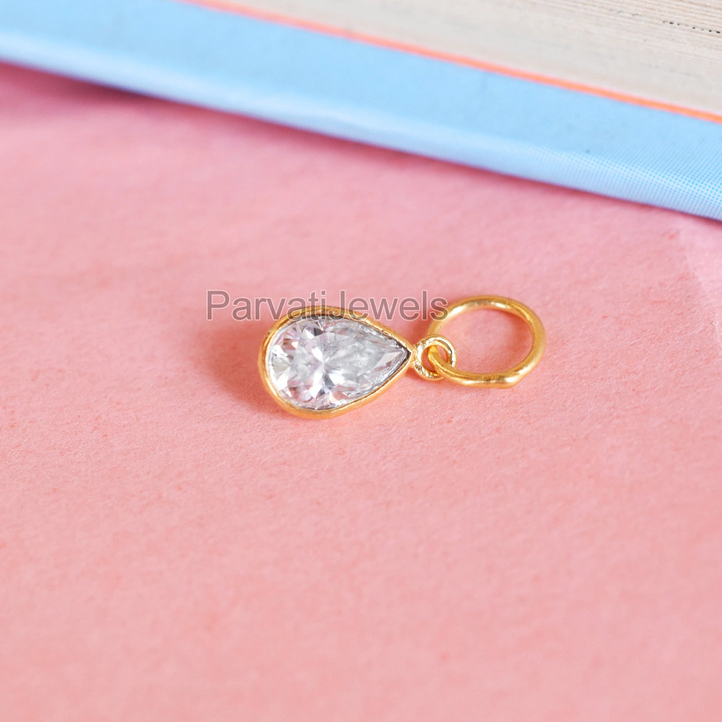 Natural Moissanite Gold Charm, Solid 18K Gold Charm, Gold Charm Pendant, Moissanite Pear Charm, April Birthstone Charm, Handmade Gold Charm