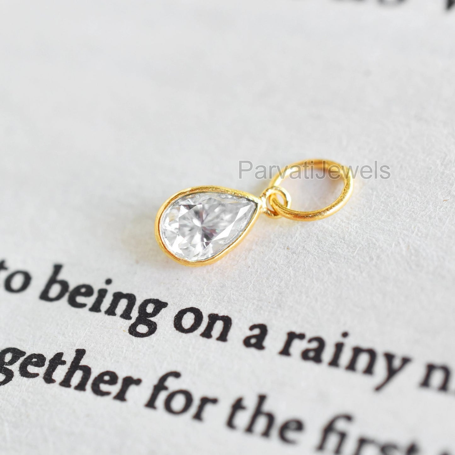Natural Moissanite Gold Charm, Solid 18K Gold Charm, Gold Charm Pendant, Moissanite Pear Charm, April Birthstone Charm, Handmade Gold Charm