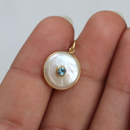 Natural Blue Topaz Disc Pearl Charm, 18k Solid Gold Charm, Natural Pearl Gold Charm, Pearl Charm Necklace, Charm Pendant,December Birthstone
