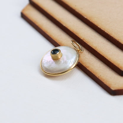 Natural Blue Topaz Disc Pearl Charm, 18k Solid Gold Charm, Natural Pearl Gold Charm, Pearl Charm Necklace, Charm Pendant,December Birthstone