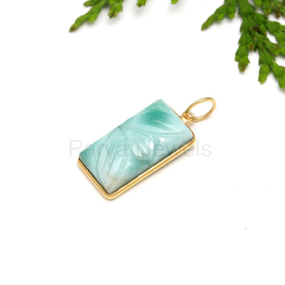 Natural Blue Larimar Charm, 18k Solid Gold Charm, Blue Larimar Carving Charm, Gold Charm Pendant, Gold Charm Necklace, Handmade Gold Charm,
