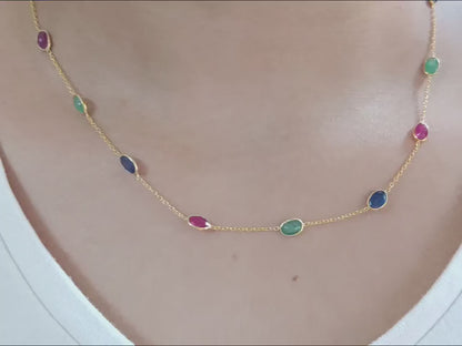 Natural Ruby Emerald Sapphire Necklace, 14k Solid Gold Necklace, Natural Multi Gemstone Necklace, Gold Necklace, Birthstone Gold Necklace