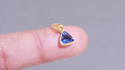 18K Solid Gold Blue Sapphire Triangle Charm Pendant | Minimalist Gemstone Jewelry |Gift for Her