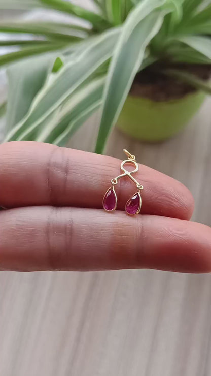 2 Stone Hanging Ruby Charm, 18k Solid Gold Charm, Natural Ruby Pendant, Charm Necklace, Natural Ruby Gold Charm, July Birthstone, SOLID18K