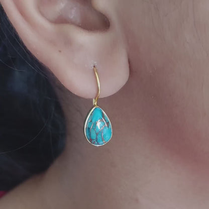 Natural Sky Copper Turquoise Gemstone Solid 14k Gold Earrings, Sky Copper Turquoise Gold Earrings, Dangle Drop Earrings, Handmade Earrings
