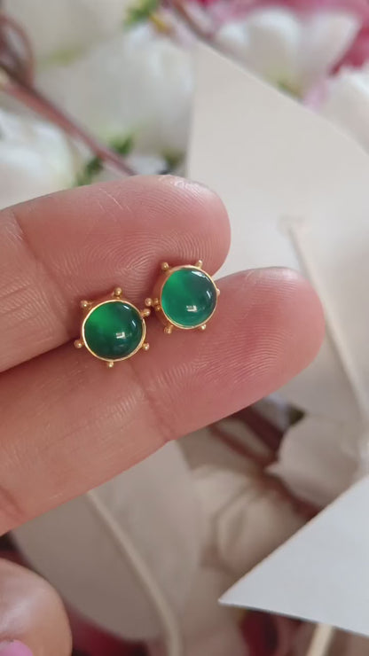 Natural Green Onyx Stud Earrings, Solid 14k & 18k Gold Stud Earrings, Green Onyx Gold Earrings, Gold Stud Earrings, Handmade Gold Earrings