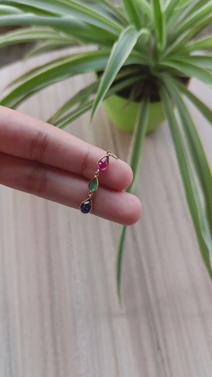Natural Ruby Emerald Sapphire Gemstone Charm, Solid 18K Gold Charm, Emerald Sapphire Charm, Birthstone Charm Pendant ,Handmade, 4X6 Pear