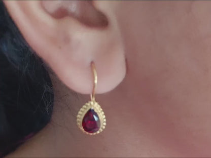 Natural Garnet Gemstone Solid 14k Gold Earrings, Garnet Dangle Drop Earrings, Gold Earrings, Natural Garnet Cut Earrings, Handmade Earrings