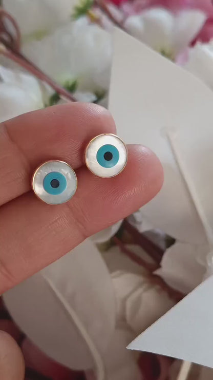AA Evil Eye Stud Earrings, Solid 14k & 18k Gold Stud Earrings, Mother Of Pearl Gold Earrings, Evil Eye Stud Earrings, Handmade Gold Earrings