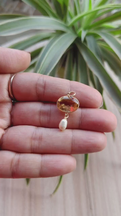 Natural Citrine Pearl Charm, Solid 18k Gold Charm, Pearl Gold Charm, November Birthstone Charm Pendant, Charm Necklace, Handmade Gold Charm,